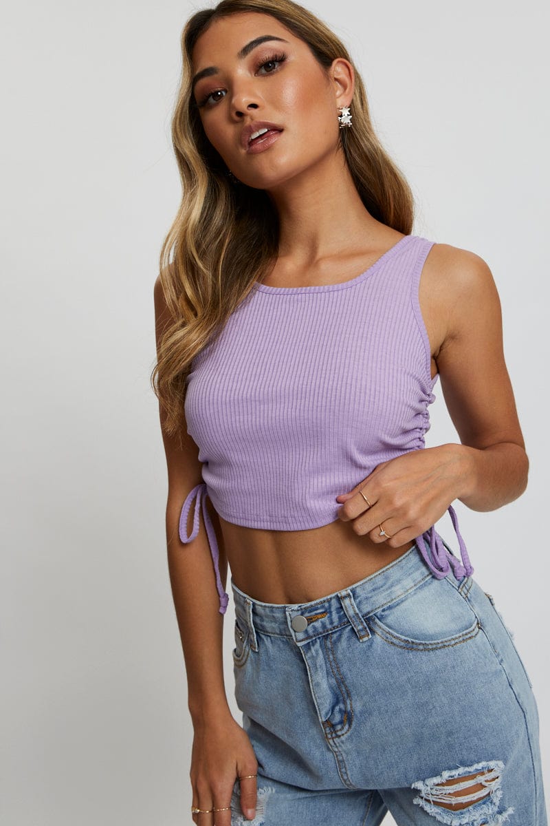 TRIAL JERSEY Purple Ruched Drawstring Scoop Neck Top for Women by Ally