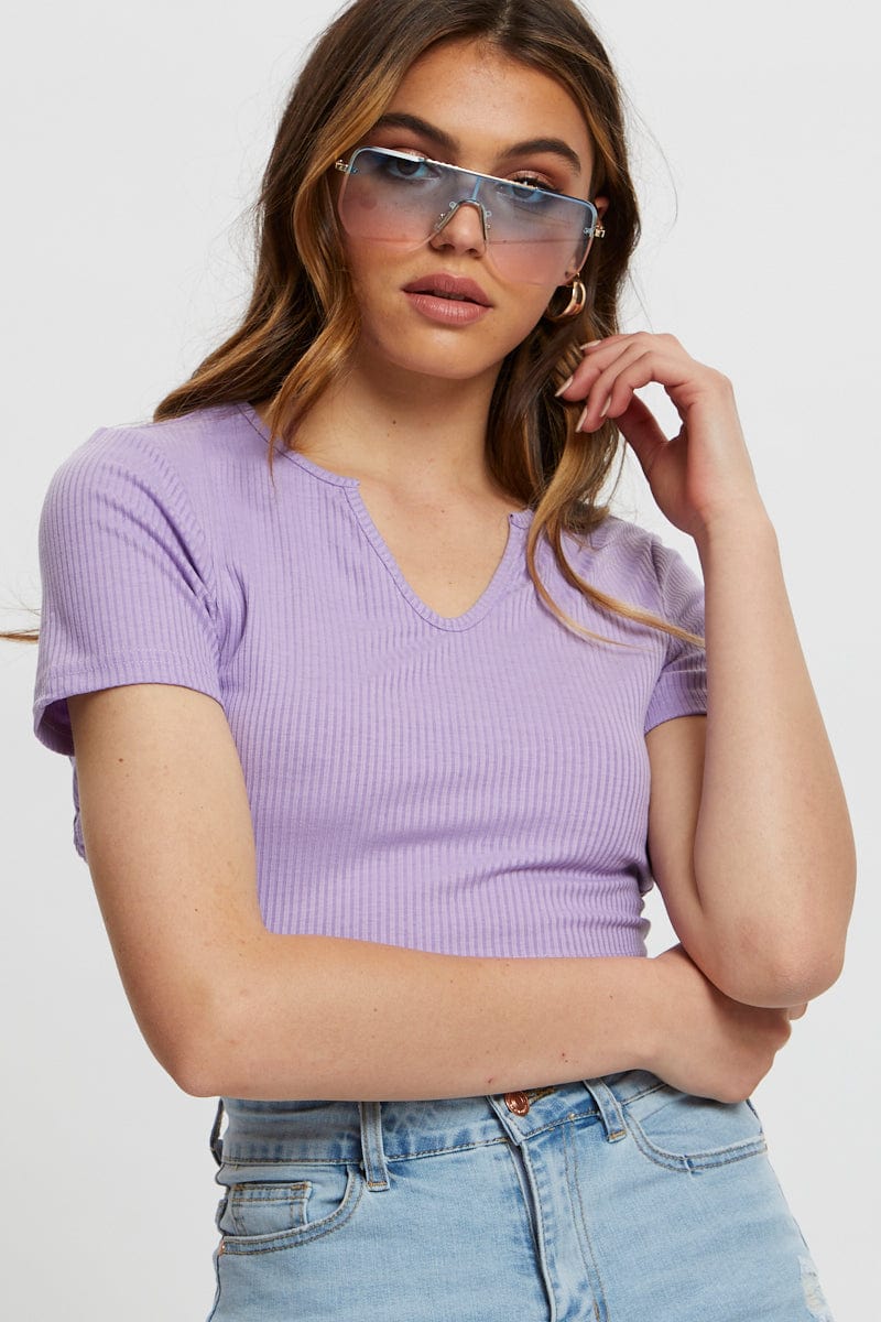 TRIAL JERSEY Purple Tie Back Top Cut Out for Women by Ally