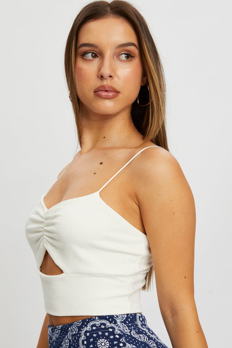 TRIAL JERSEY White Bungee Strap Cut Out Rib Crop Top for Women by Ally