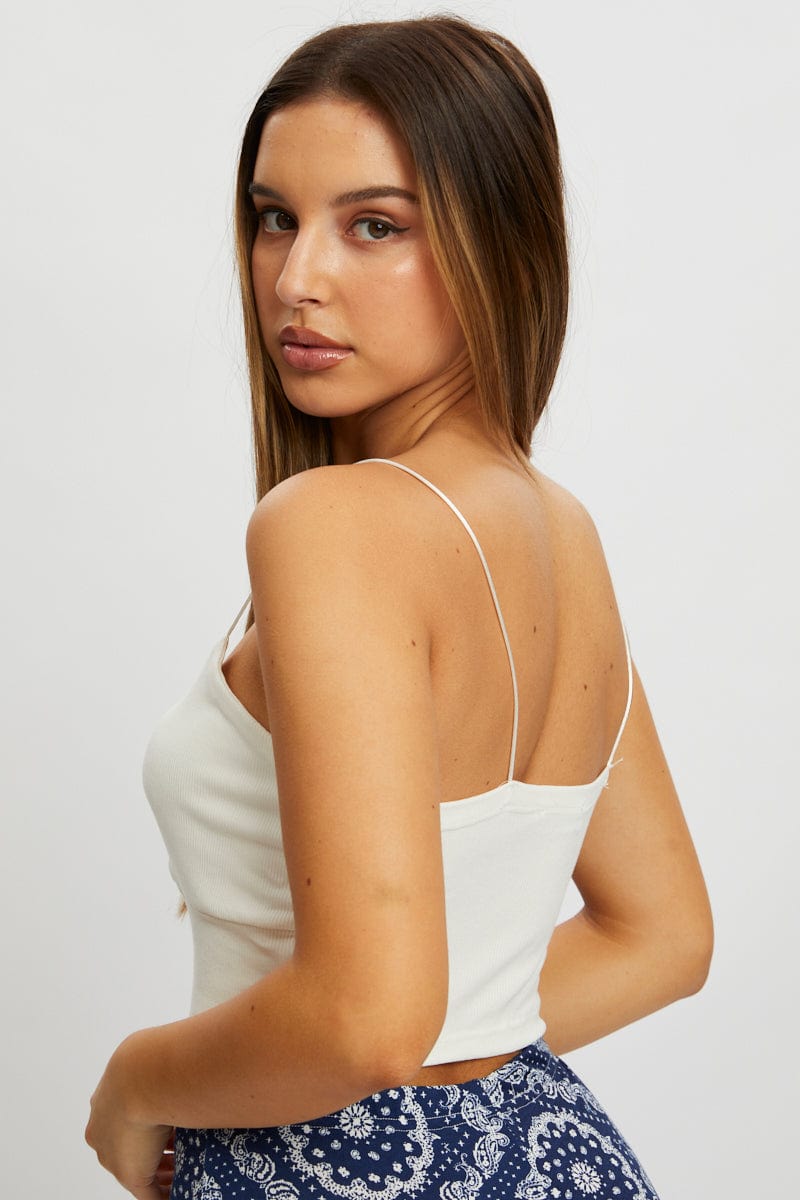 TRIAL JERSEY White Bungee Strap Cut Out Rib Crop Top for Women by Ally