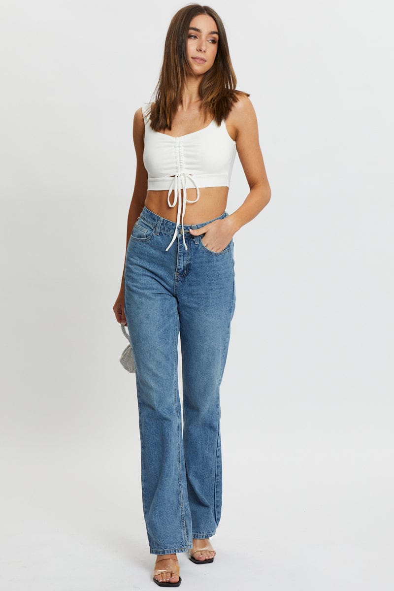 TRIAL JERSEY White Drawstring Cut Out Rib Crop Top for Women by Ally