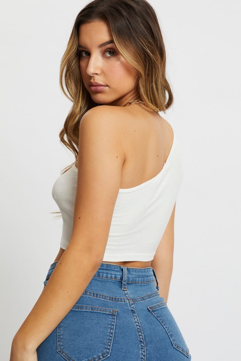 TRIAL JERSEY White Rib One Shoulder Top for Women by Ally