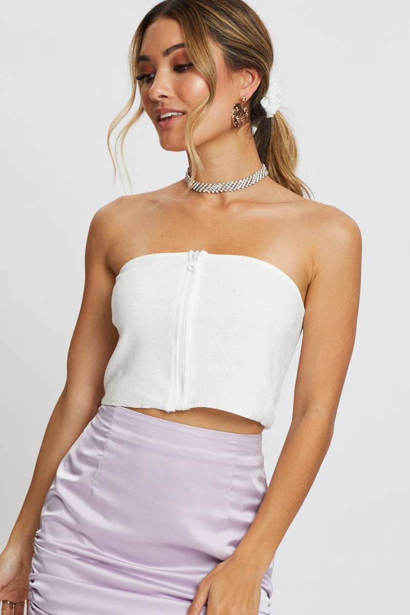 TRIAL JERSEY White Zip Front Bandeau Top for Women by Ally