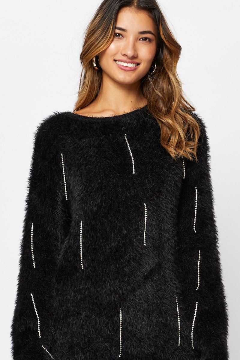 TRIAL KNITWEAR Black Oversized Fluffy Knit for Women by Ally