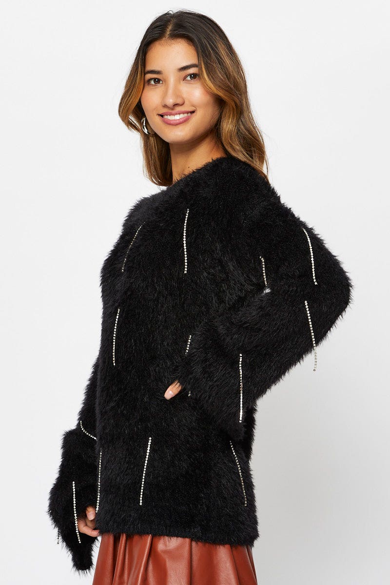 TRIAL KNITWEAR Black Oversized Fluffy Knit for Women by Ally