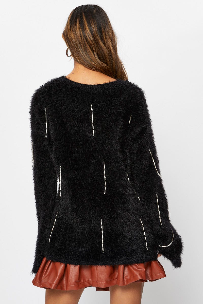 TRIAL KNITWEAR Black Oversized Fluffy Knit for Women by Ally