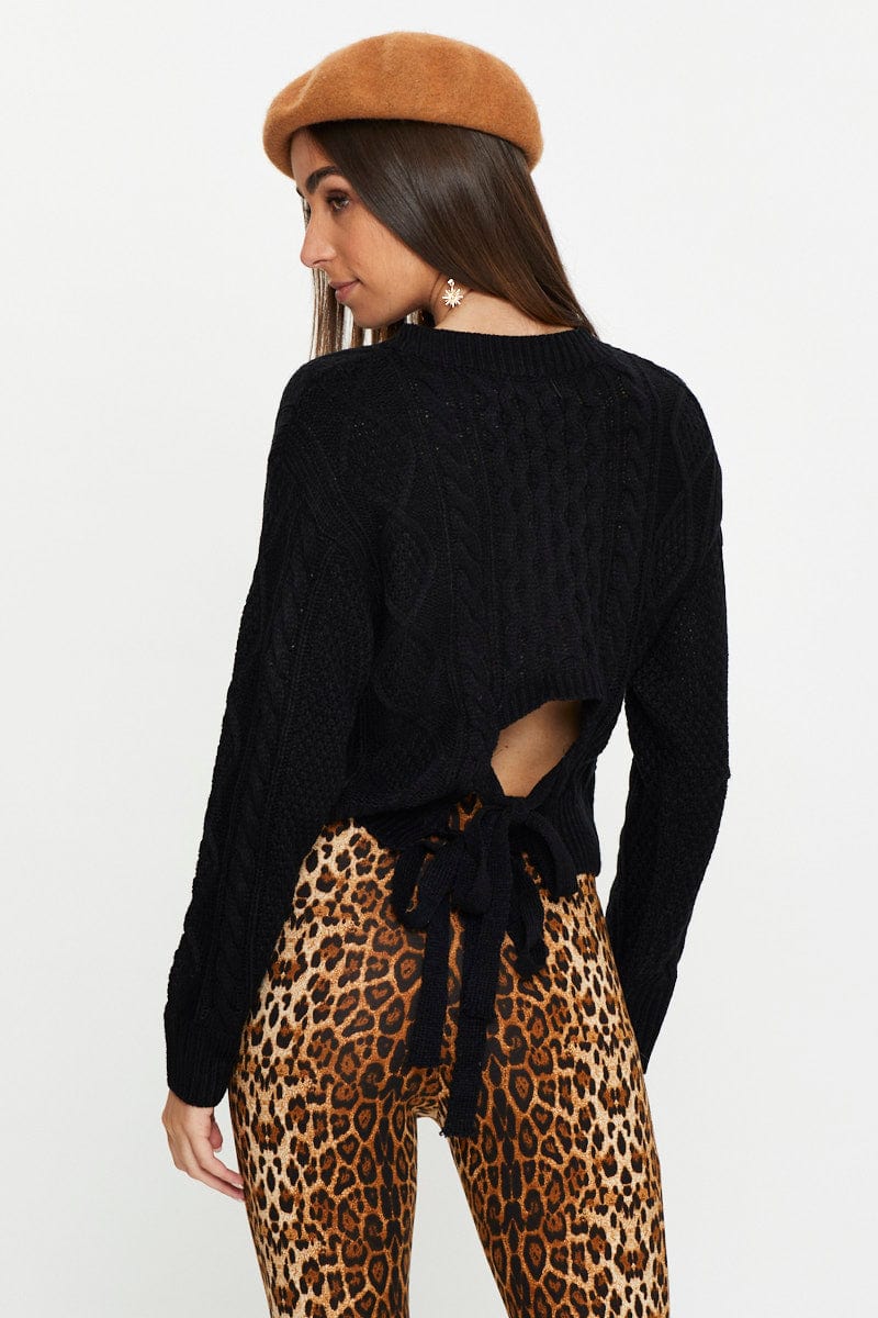 TRIAL KNITWEAR Black V Neck Cable Knit for Women by Ally