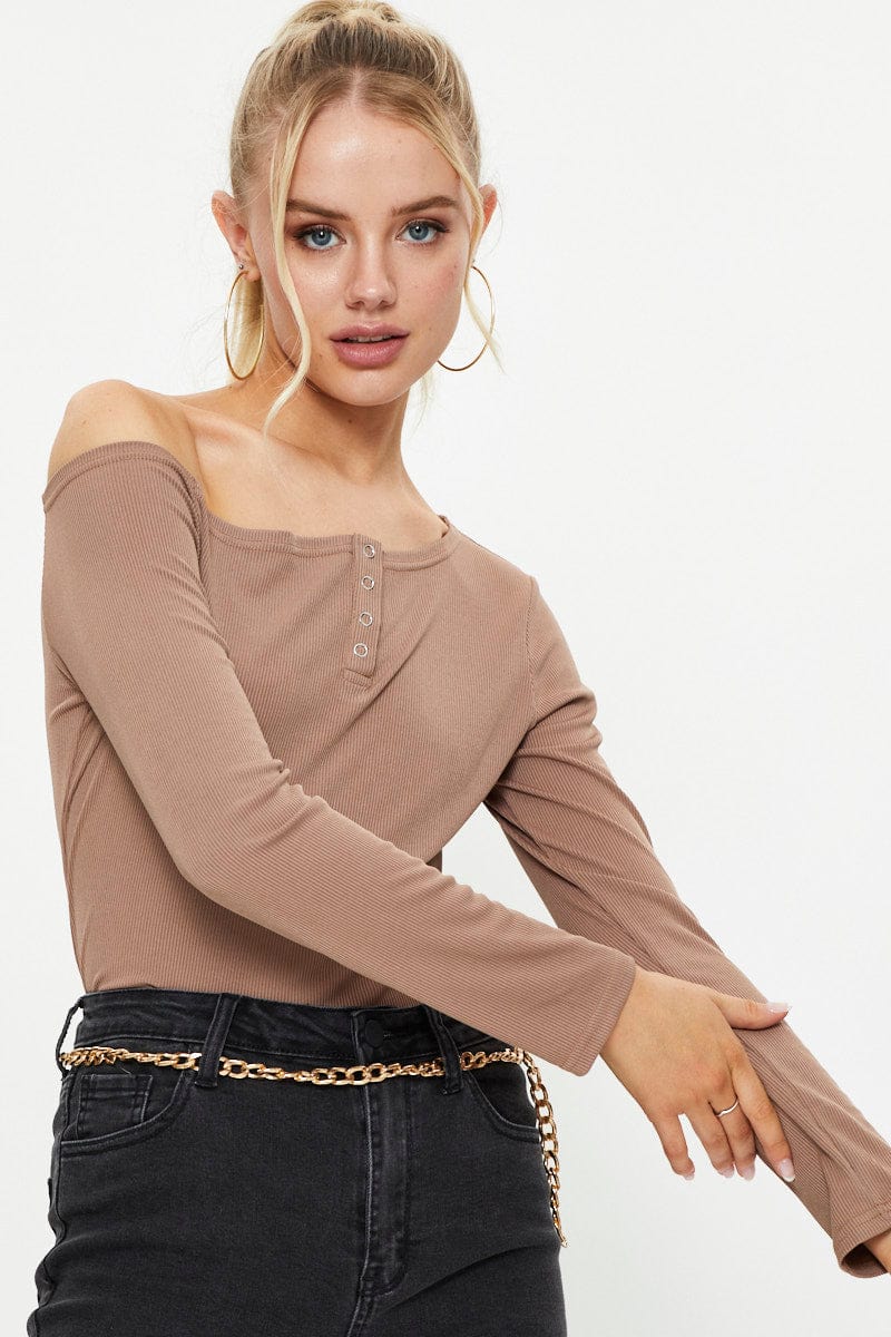 TRIAL KNITWEAR Brown Snap Button Off Shoulder Knit for Women by Ally