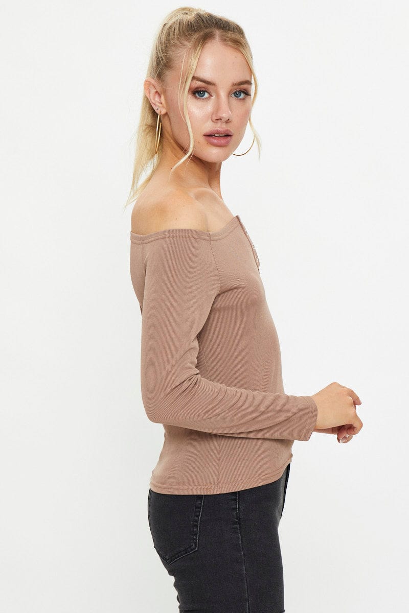 TRIAL KNITWEAR Brown Snap Button Off Shoulder Knit for Women by Ally