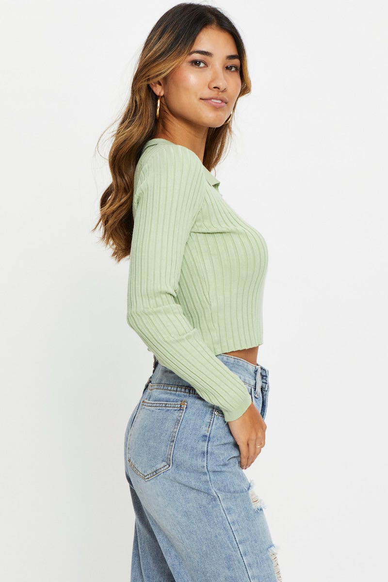 TRIAL KNITWEAR Green Knit Top Long Sleeve Crop Collared for Women by Ally