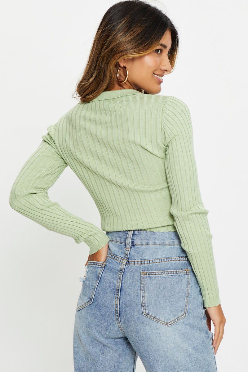 Women’s Green Knit Top Long Sleeve Crop Collared Ally Fashion