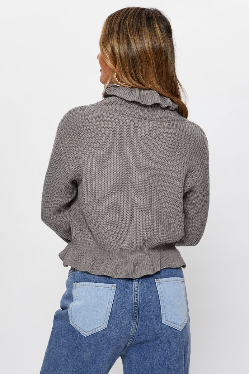 TRIAL KNITWEAR Grey Frill Hem Knit for Women by Ally