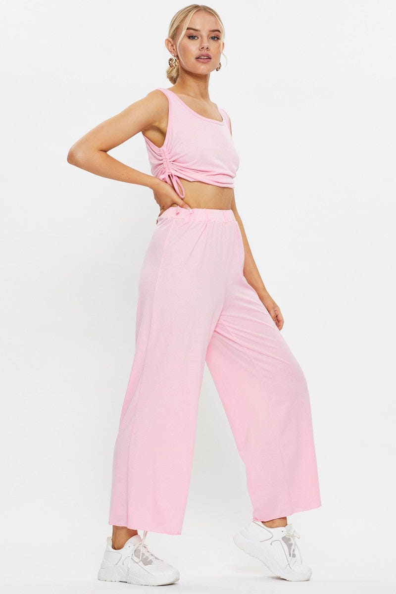 TRIAL LOUNGEWEAR Pink Drawstring Ruched Set for Women by Ally