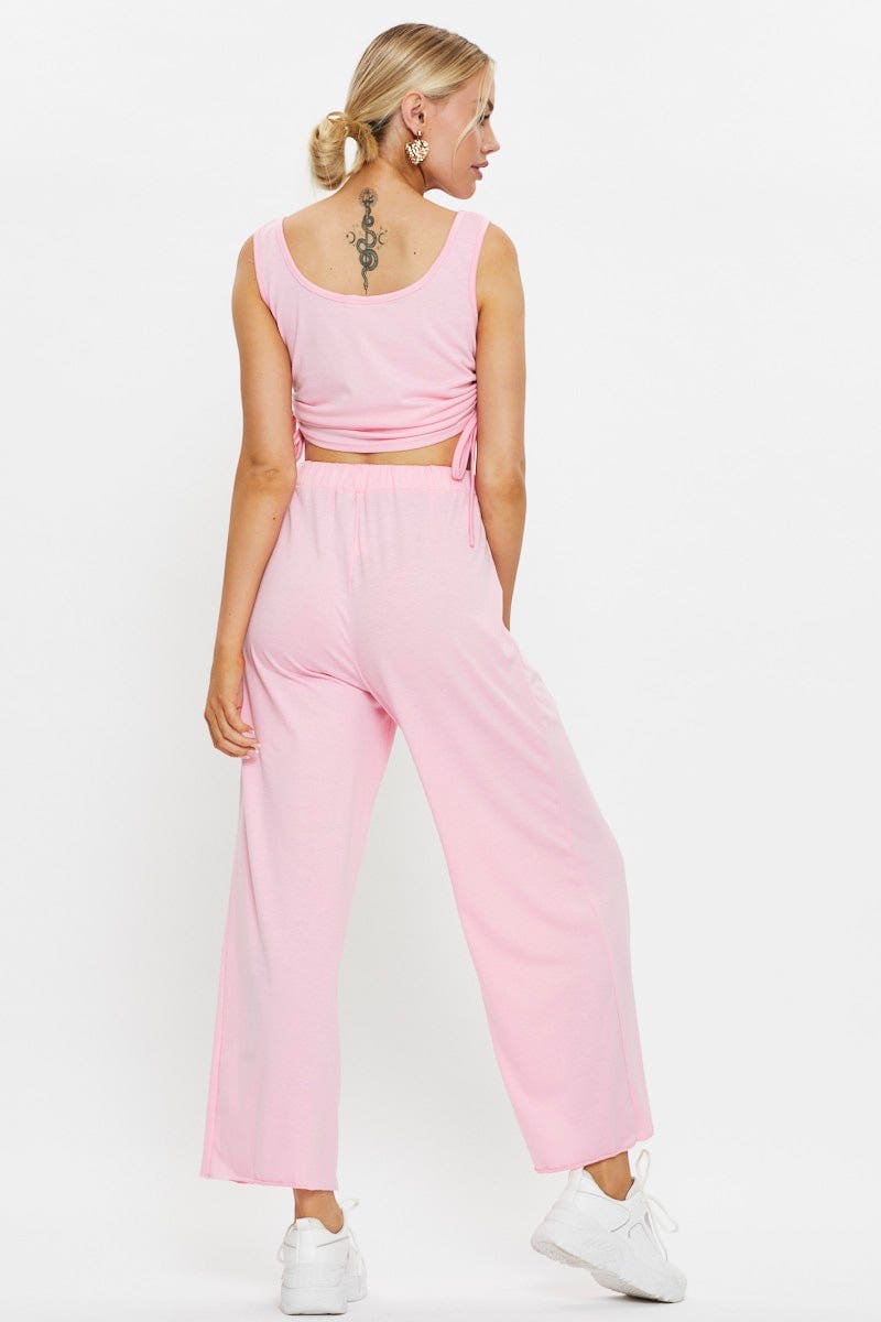 TRIAL LOUNGEWEAR Pink Drawstring Ruched Set for Women by Ally