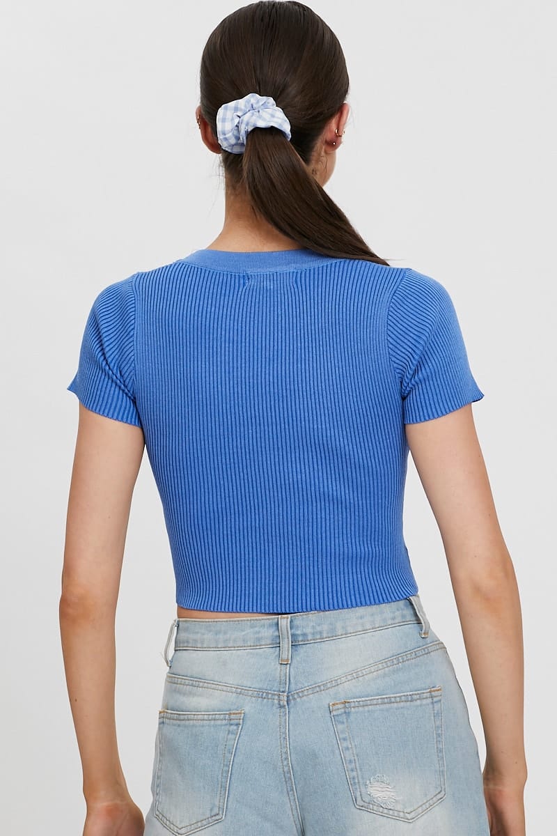 TRIAL OUTER Blue Short Sleeve Knit Top for Women by Ally
