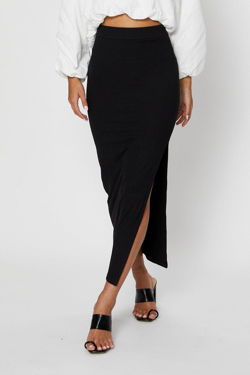 TRIAL SKIRT Black Ribbed Midi Skirt for Women by Ally