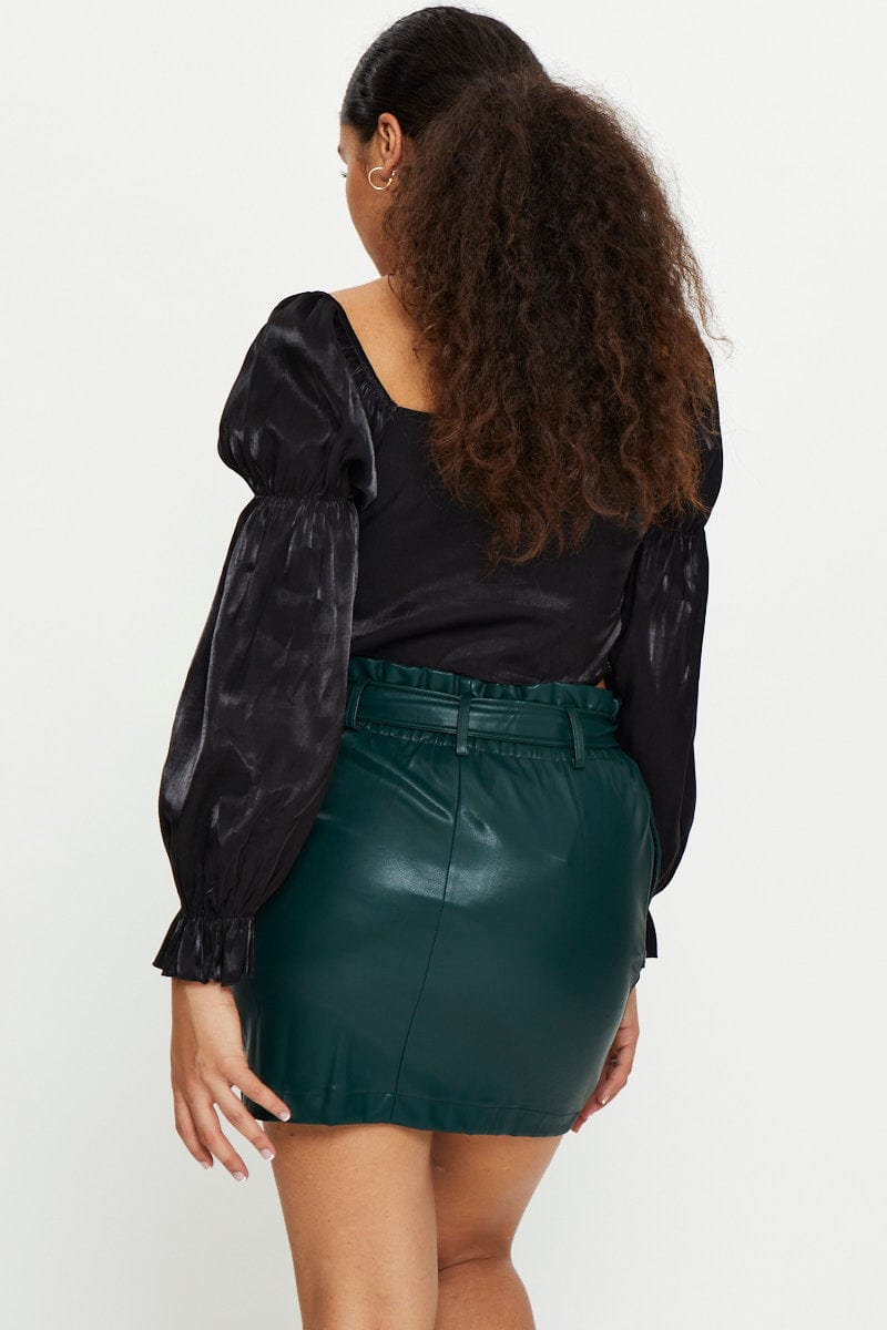 TRIAL SKIRT Green Faux Leather Belted Skirt for Women by Ally