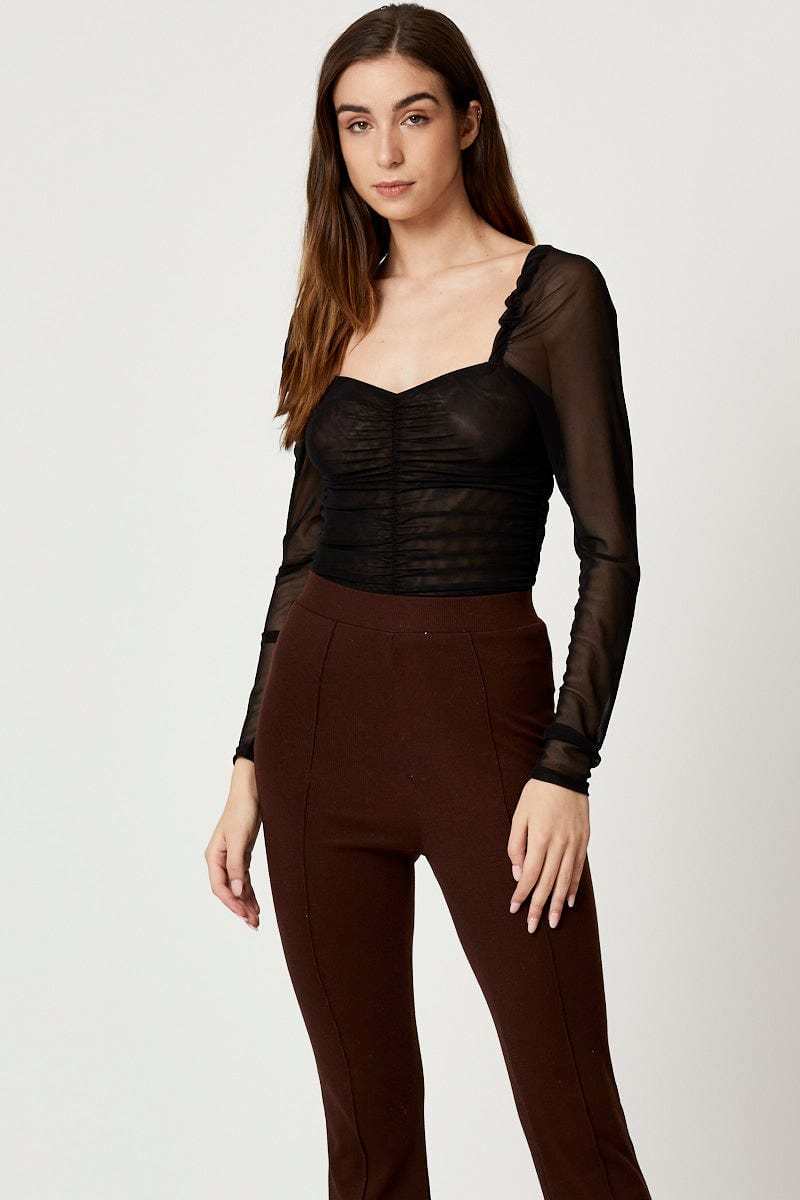 TRIAL WOVEN Black Ruched Bodysuit for Women by Ally