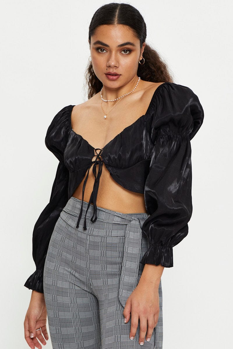 TRIAL WOVEN Black Satin Gathered Sleeve Top for Women by Ally