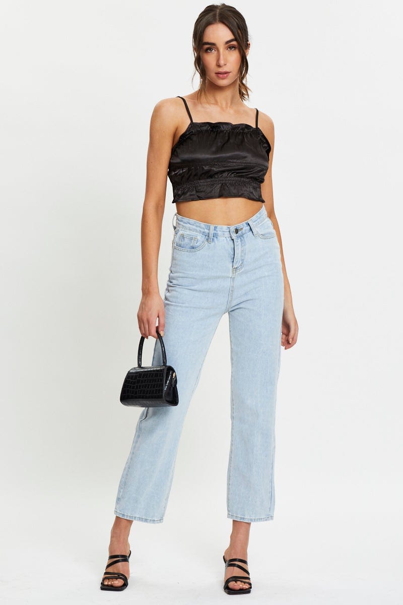 TRIAL WOVEN Black Satin Ruched Crop Top for Women by Ally