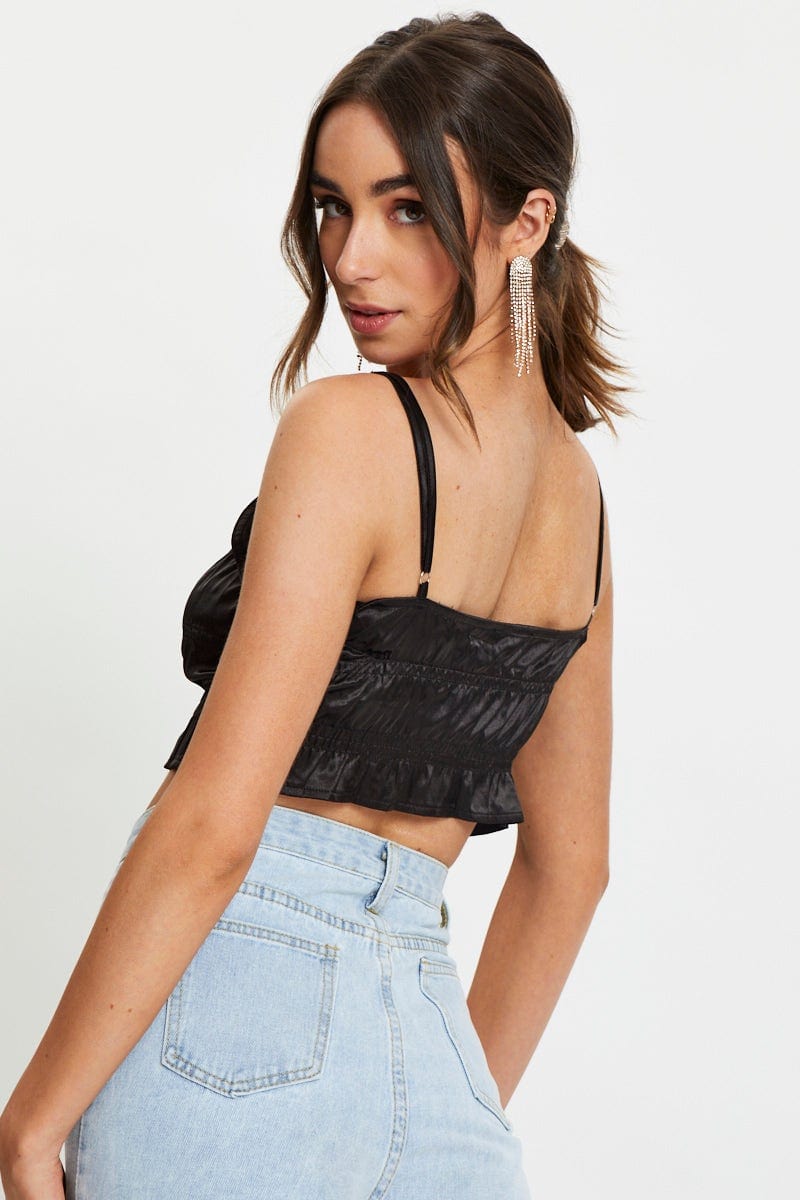 TRIAL WOVEN Black Satin Ruched Crop Top for Women by Ally