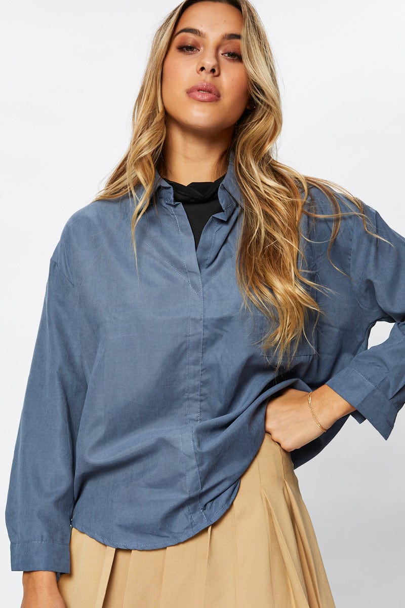 TRIAL WOVEN Blue Roll Neck With Cord Shirt for Women by Ally