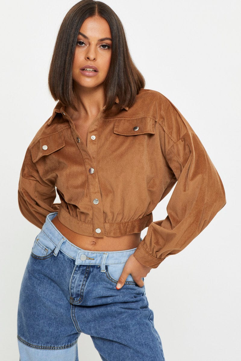 TRIAL WOVEN Brown Crop Button Front Shirt for Women by Ally