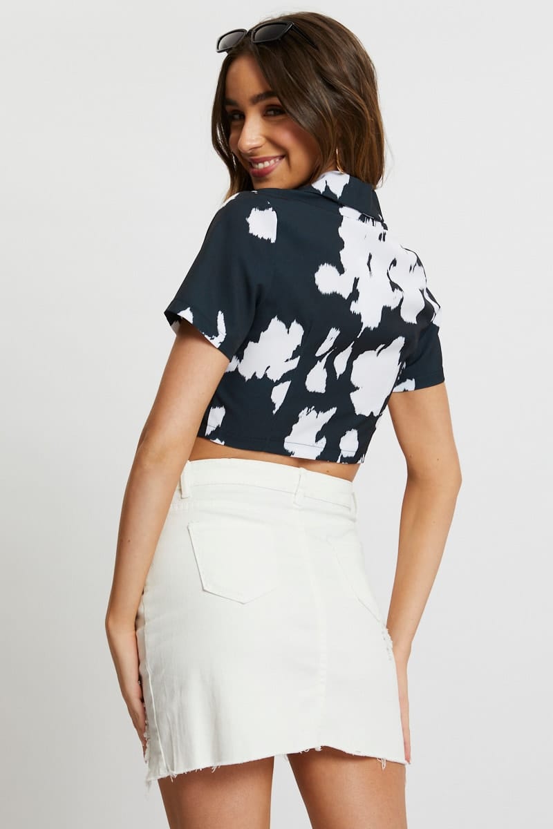 TRIAL WOVEN Floral Print Button Front Crop Shirt for Women by Ally