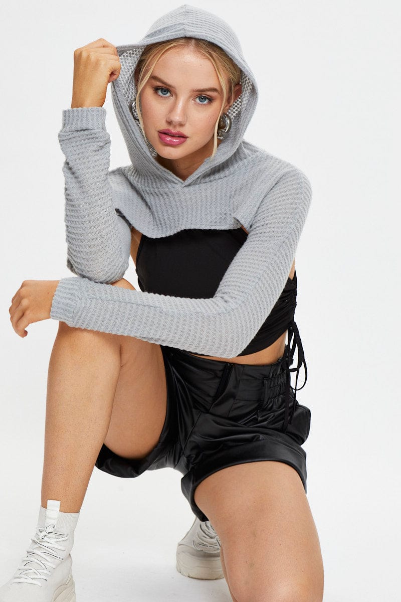 TRIAL WOVEN Grey Super Crop Hoodie Sweater for Women by Ally