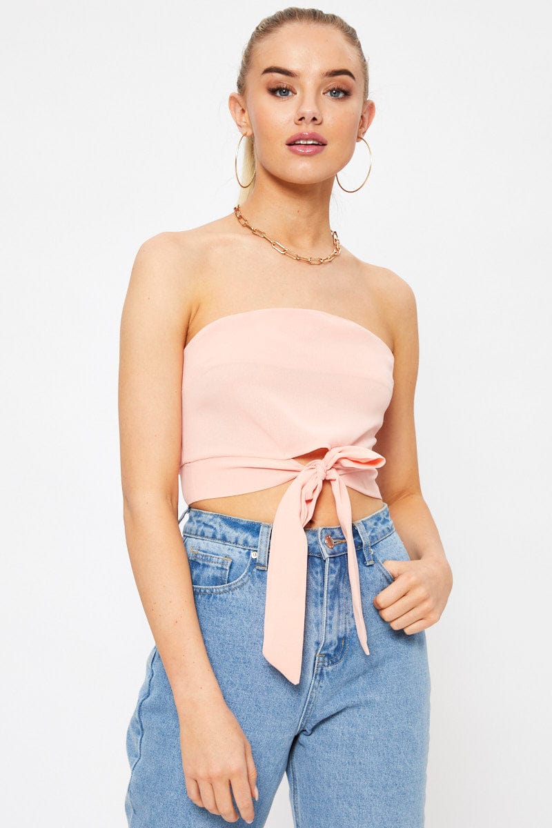 TRIAL WOVEN Pink Tie Front Bandeau Top for Women by Ally