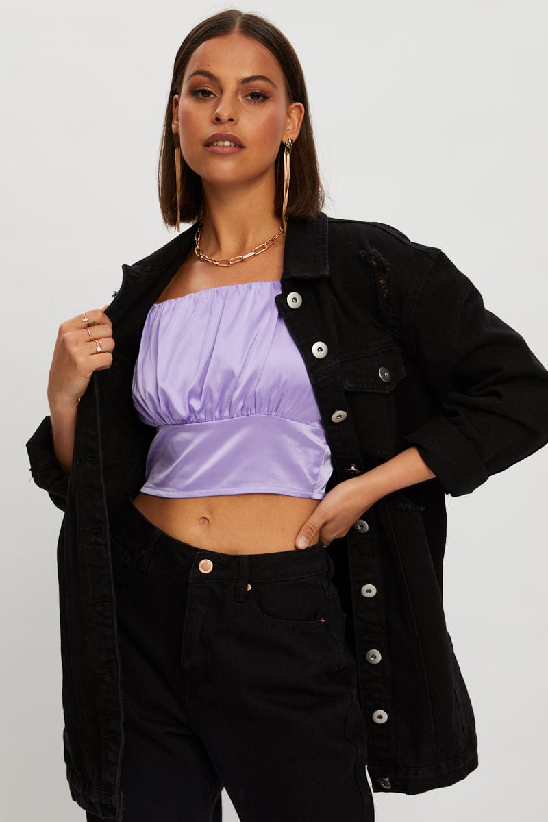 TRIAL WOVEN Purple Ruched Satin Crop Cami Top for Women by Ally