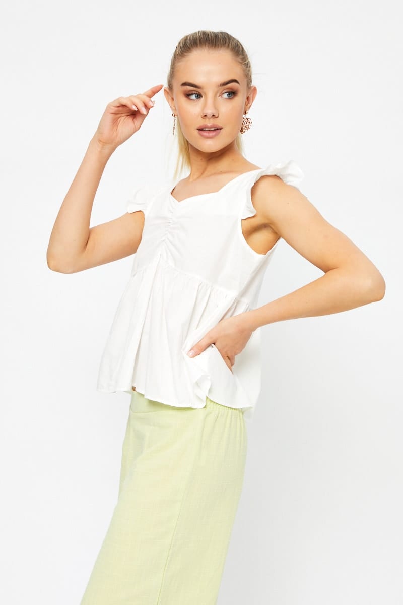 TRIAL WOVEN White Frill Sleeve Peplum Top for Women by Ally