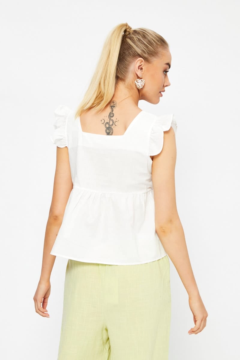 TRIAL WOVEN White Frill Sleeve Peplum Top for Women by Ally