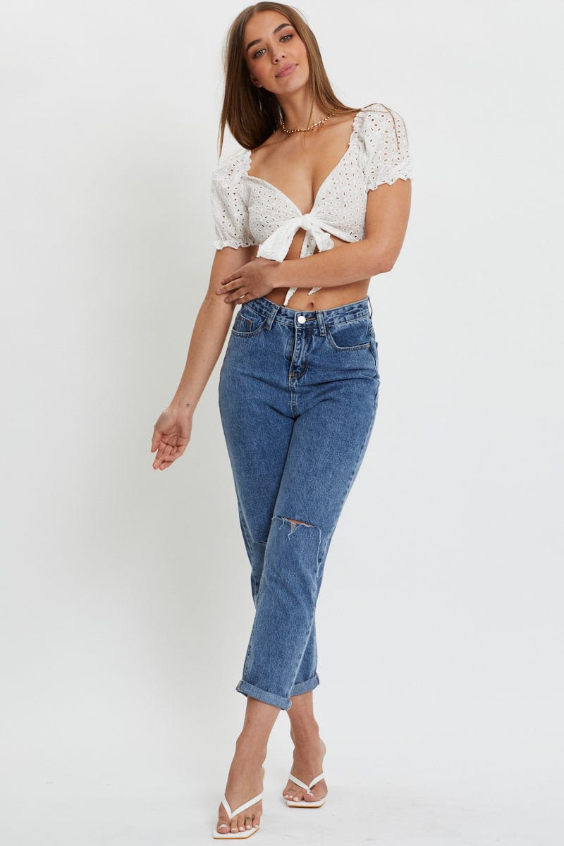 TRIAL WOVEN White Puff Sleeve Top Short Sleeve Crop for Women by Ally