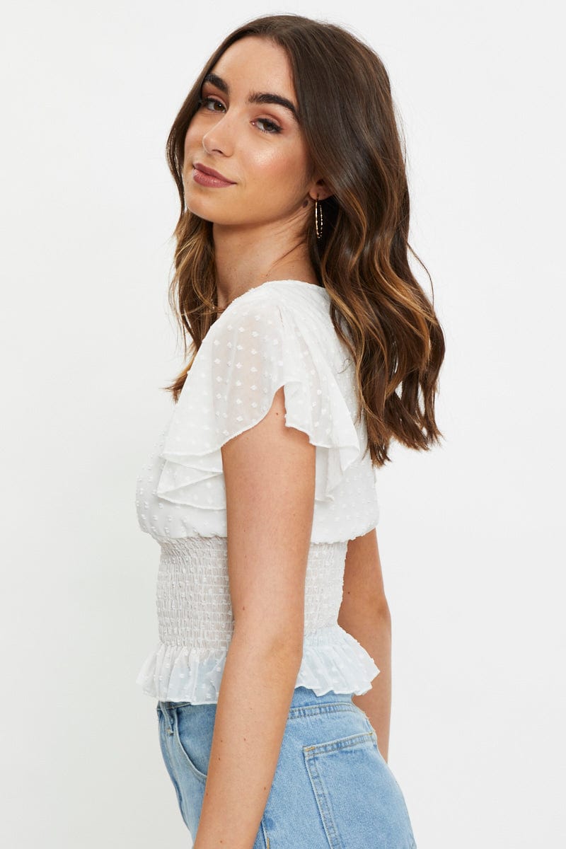TRIAL WOVEN White Shirred Waist Top for Women by Ally
