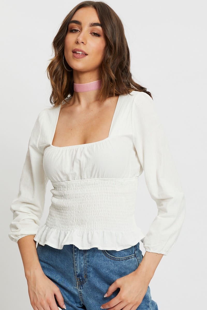 TRIAL WOVEN White Square Neck Ruched Top for Women by Ally