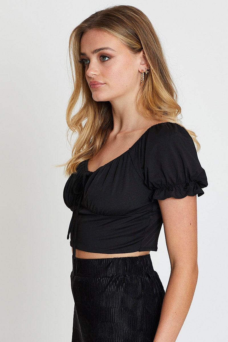 TSHIRT Black Jersey Top Puff Sleeve Ruche for Women by Ally