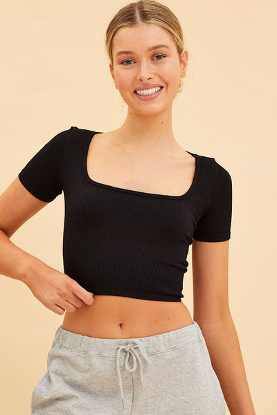 Women's Black Seamless T-Shirt Crop Short Sleeve Square Neck