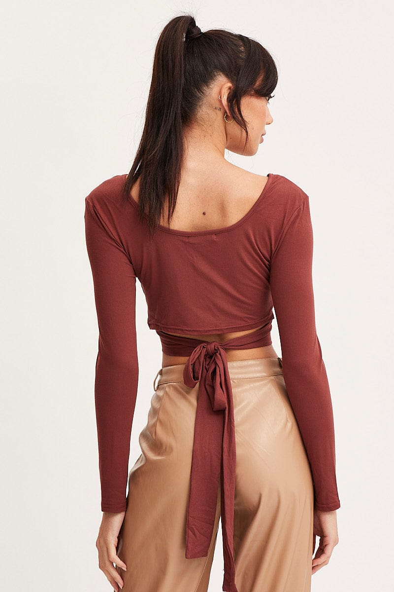 TSHIRT Brown Tie Back Top Long Sleeve Crop for Women by Ally