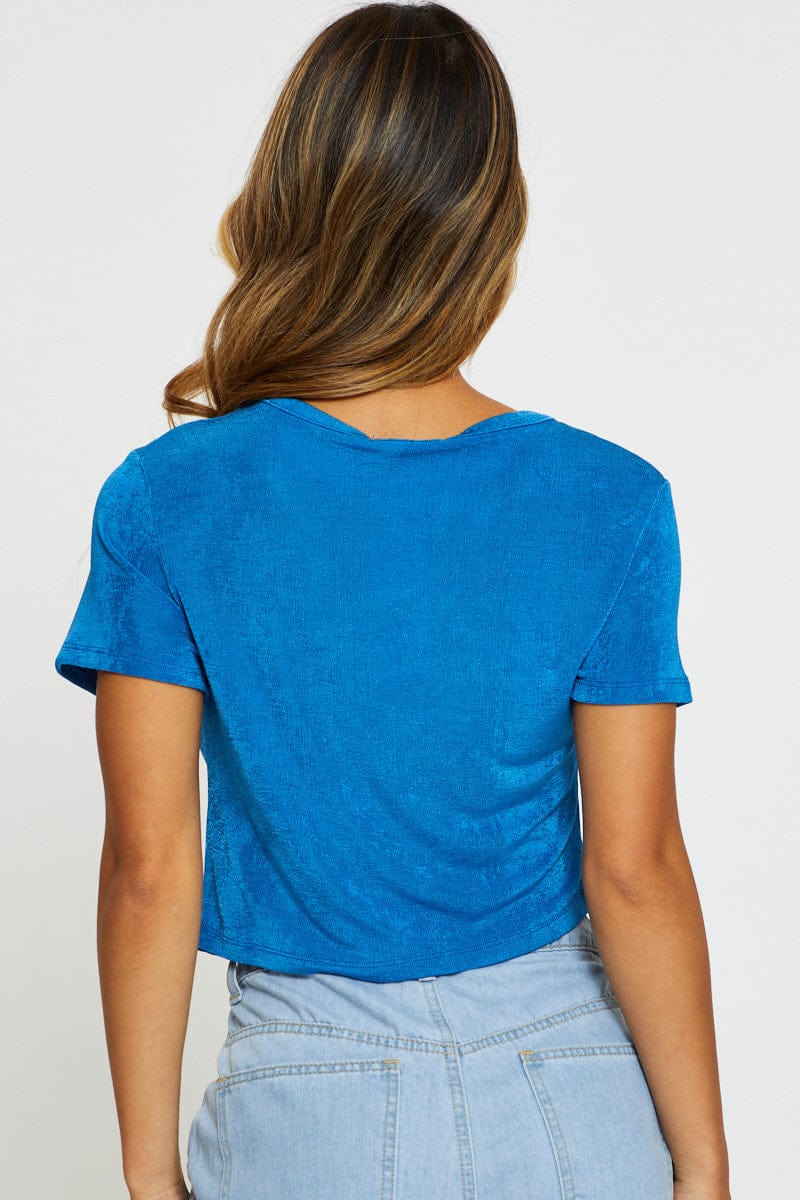 TSHIRT CROP Blue Slinky Top Short Sleeve Crop for Women by Ally