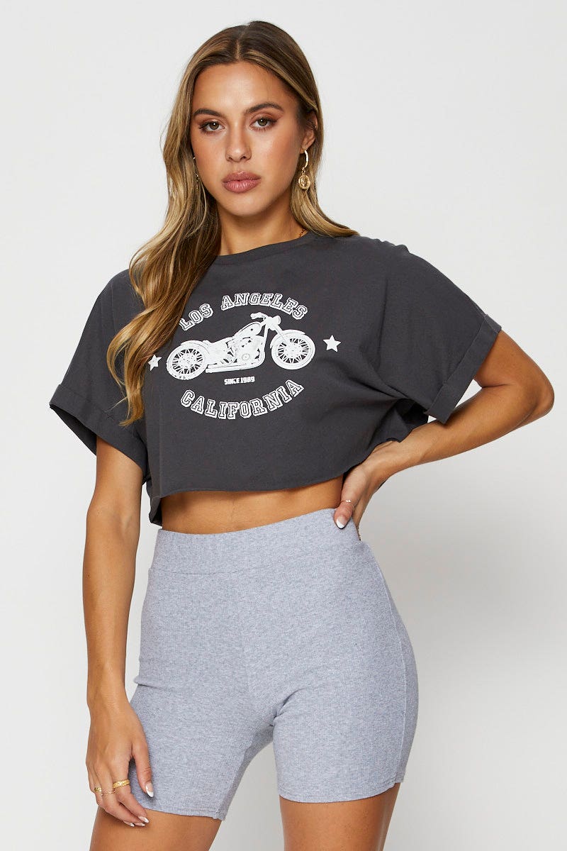 TSHIRT CROP Grey Graphic T Shirt Short Sleeve Crop for Women by Ally