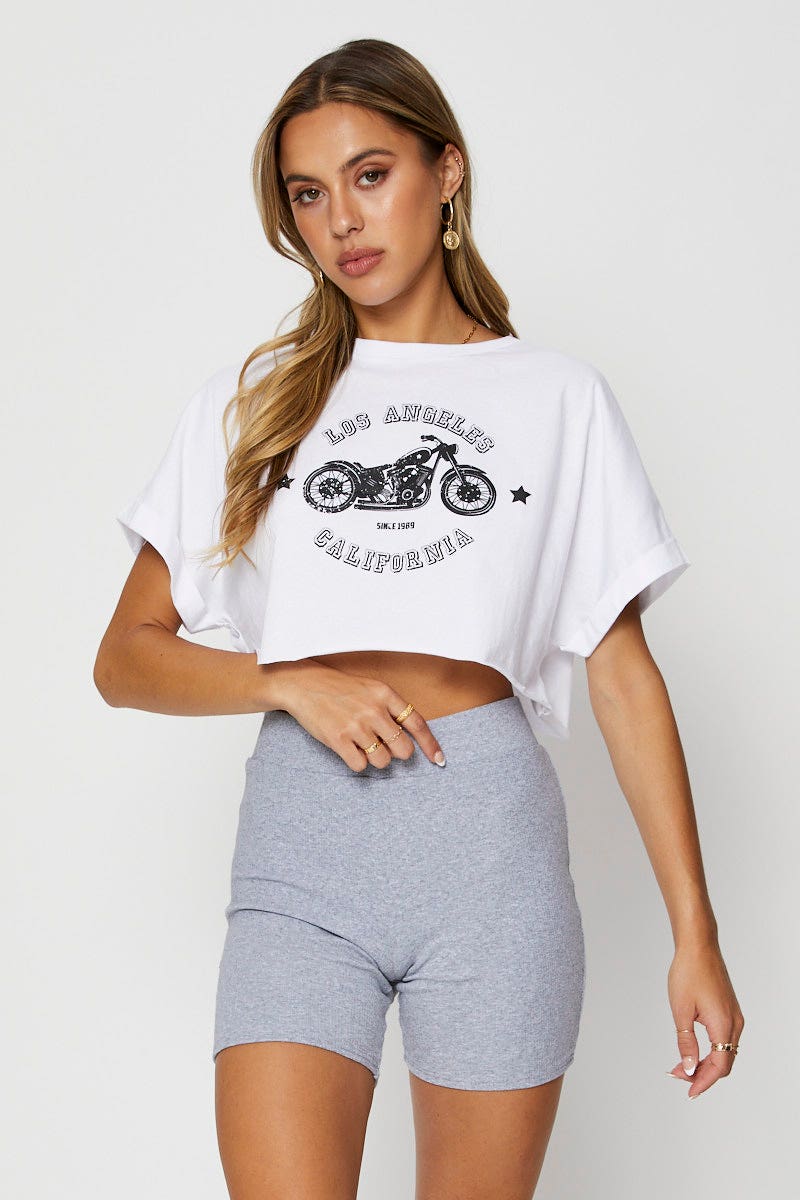 TSHIRT CROP White Graphic T Shirt Short Sleeve Crop for Women by Ally