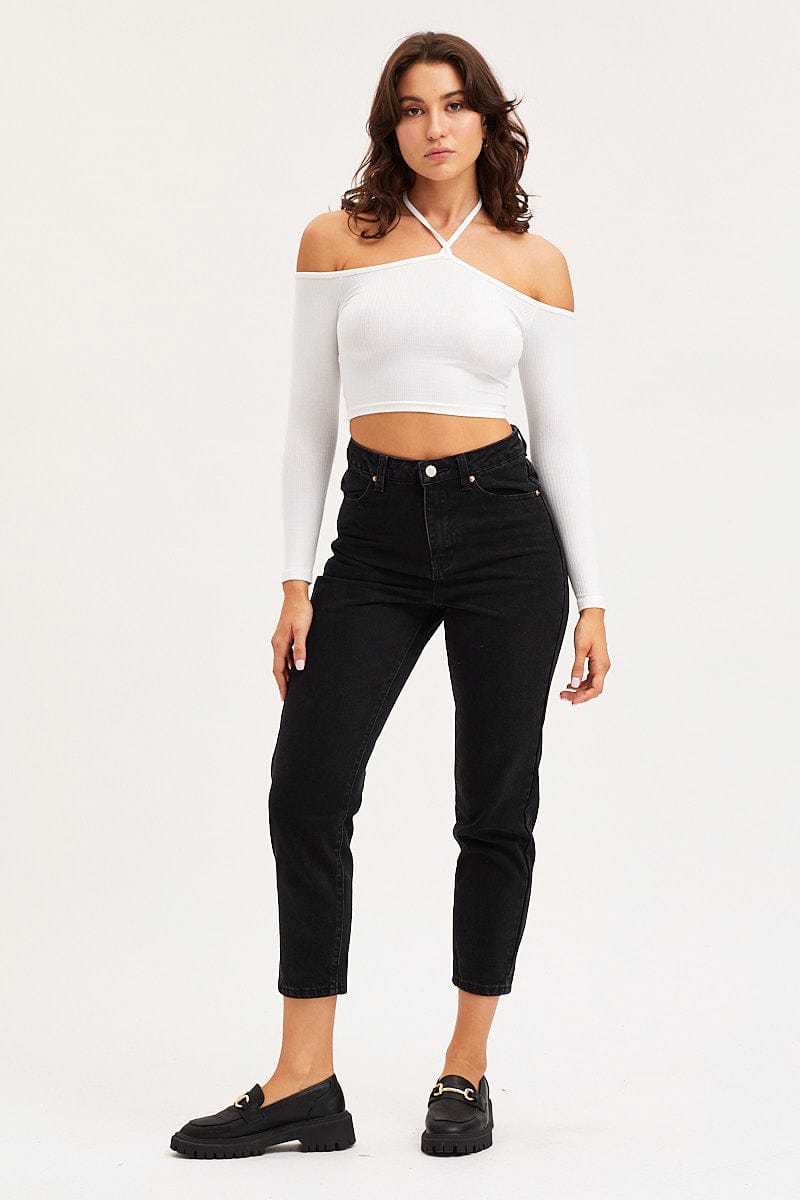 TSHIRT CROP White Jersey Crop Top Long Sleeve Halter Neck for Women by Ally