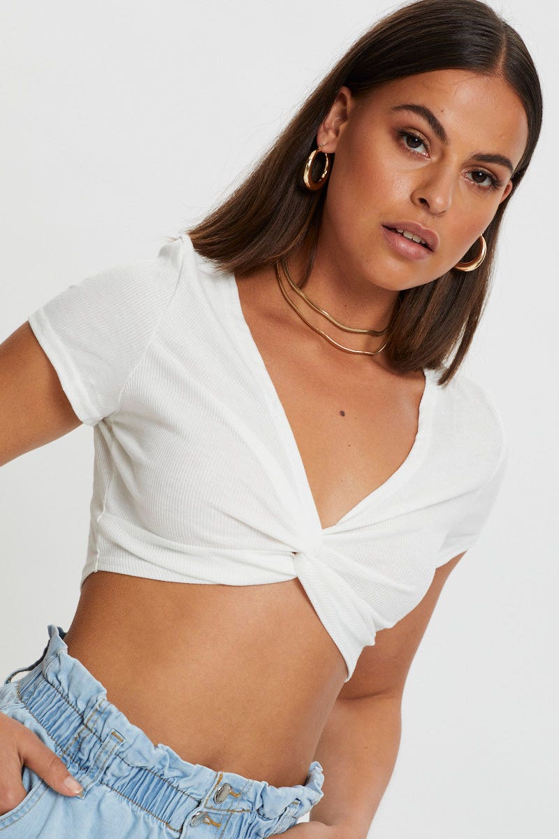 Falling Fast Ribbed Twist-Front Crop Top (Off White)