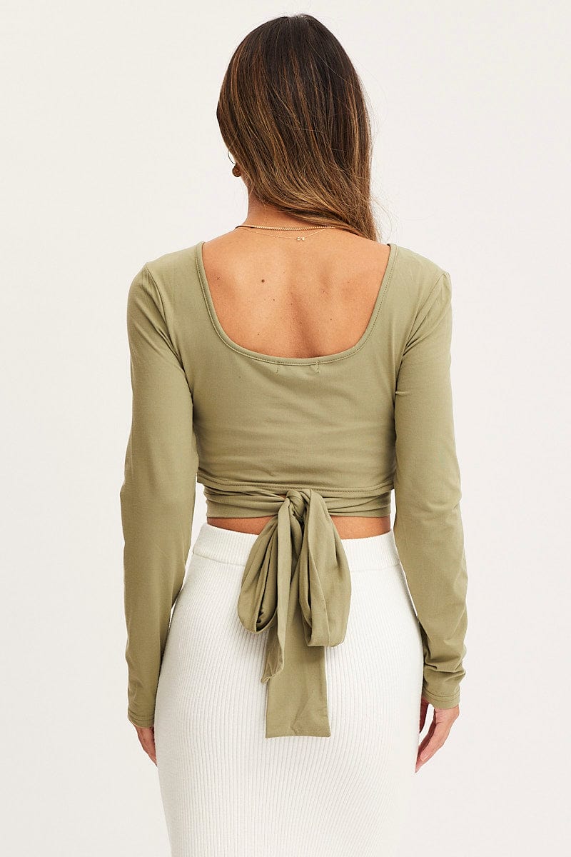 TSHIRT Green Tie Back Top Long Sleeve Crop for Women by Ally