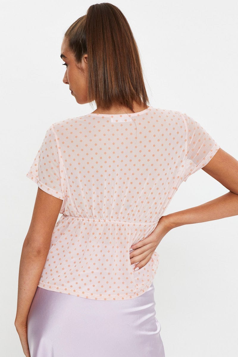 TSHIRT Pink Short Puff Sleeve Jersey Mesh Spot Flare Hem Top for Women by Ally