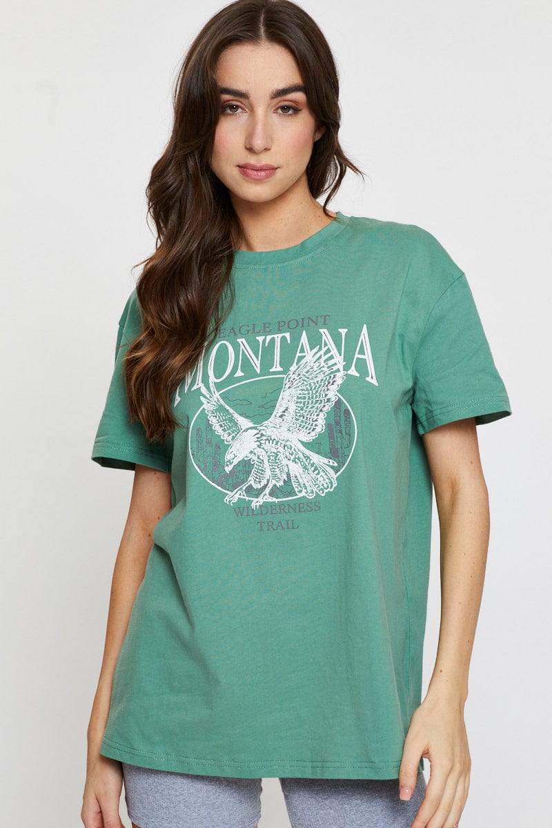 TSHIRT REGULAR Green Graphic T Shirt Short Sleeve for Women by Ally