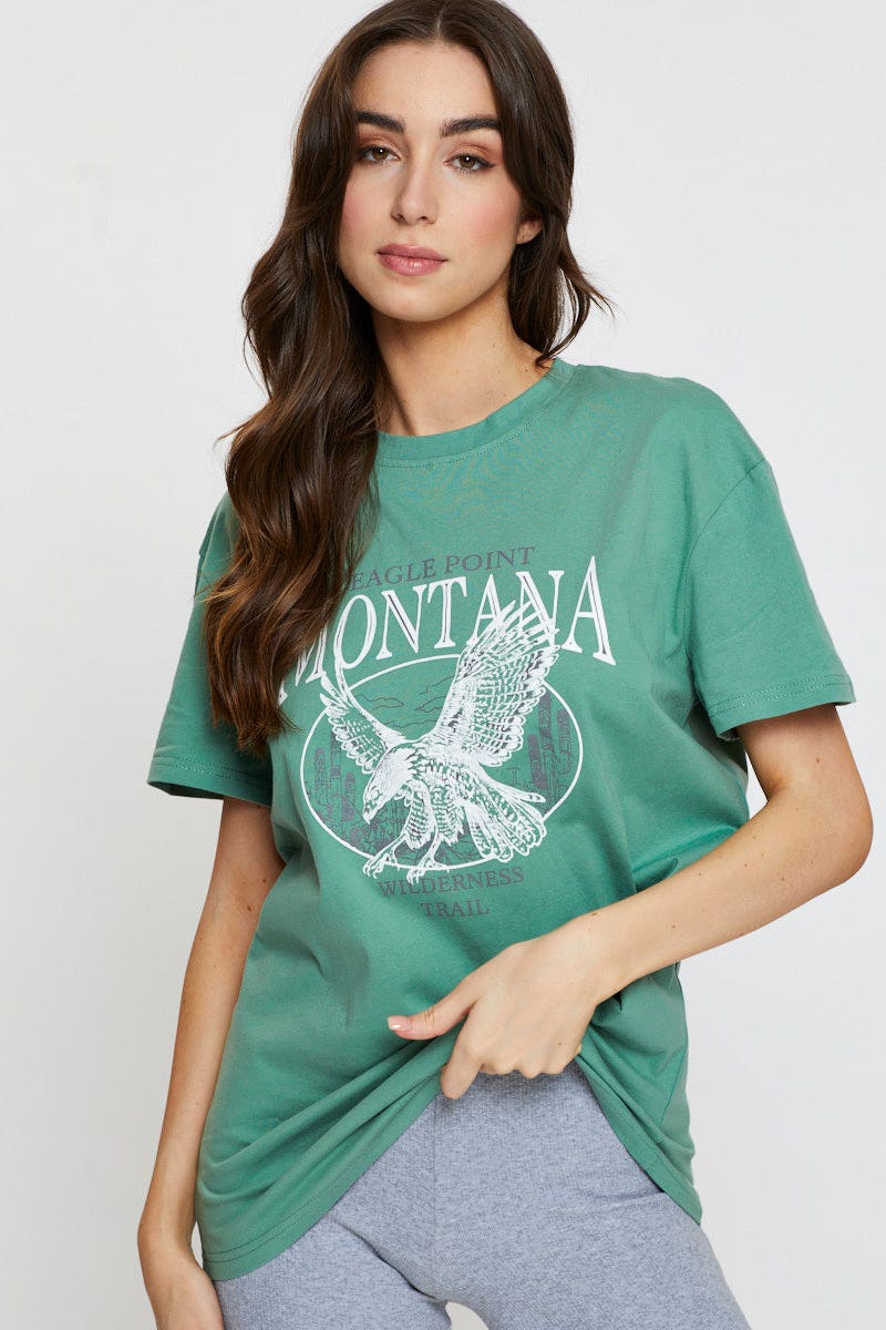 TSHIRT REGULAR Green Graphic T Shirt Short Sleeve for Women by Ally