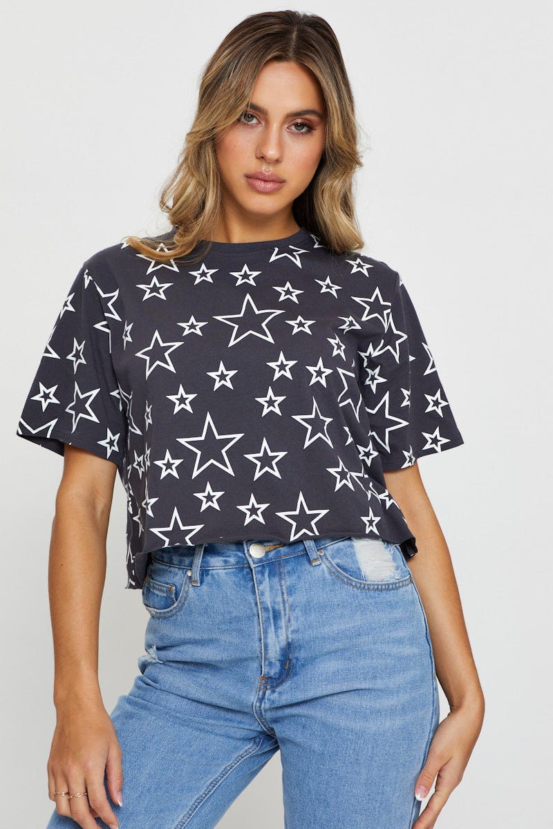 TSHIRT REGULAR Print Short Sleeve Jersey All Over Star Print T Shirt for Women by Ally