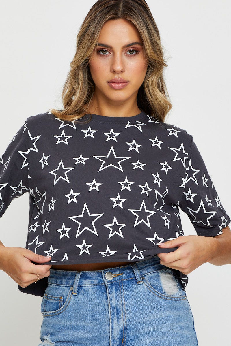 TSHIRT REGULAR Print Short Sleeve Jersey All Over Star Print T Shirt for Women by Ally